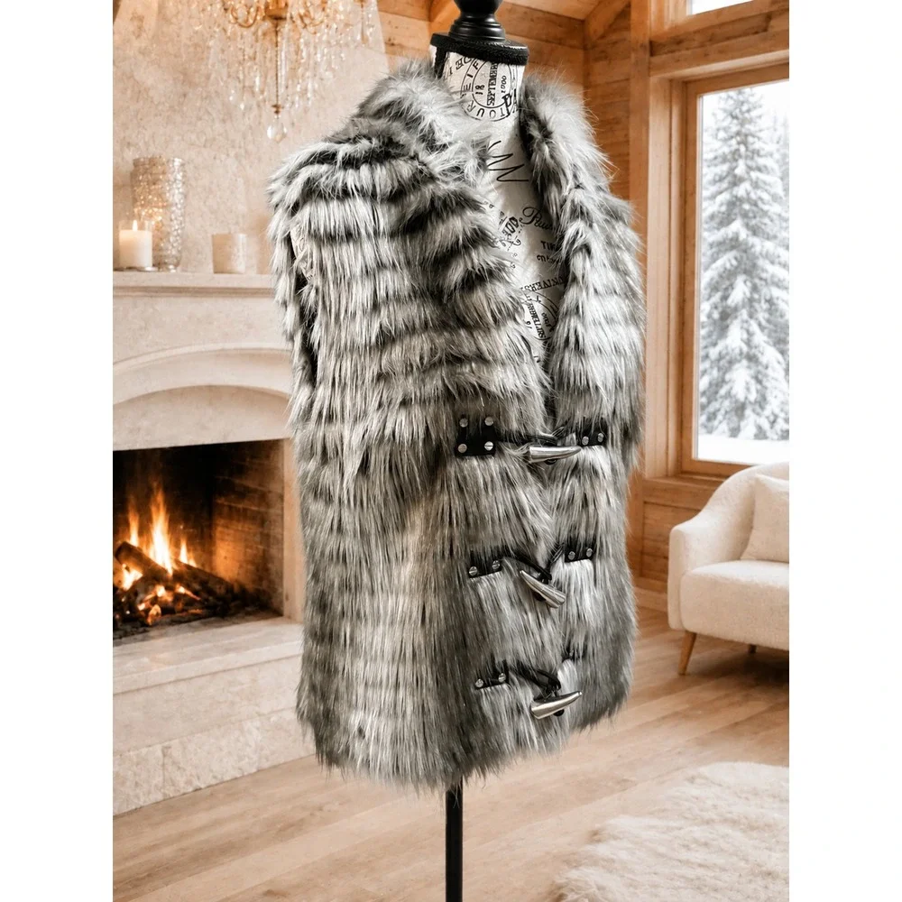 Michael Kors Gray Faux Fur Vest Medium M Horn Toggle Closure Silver Tone Accent